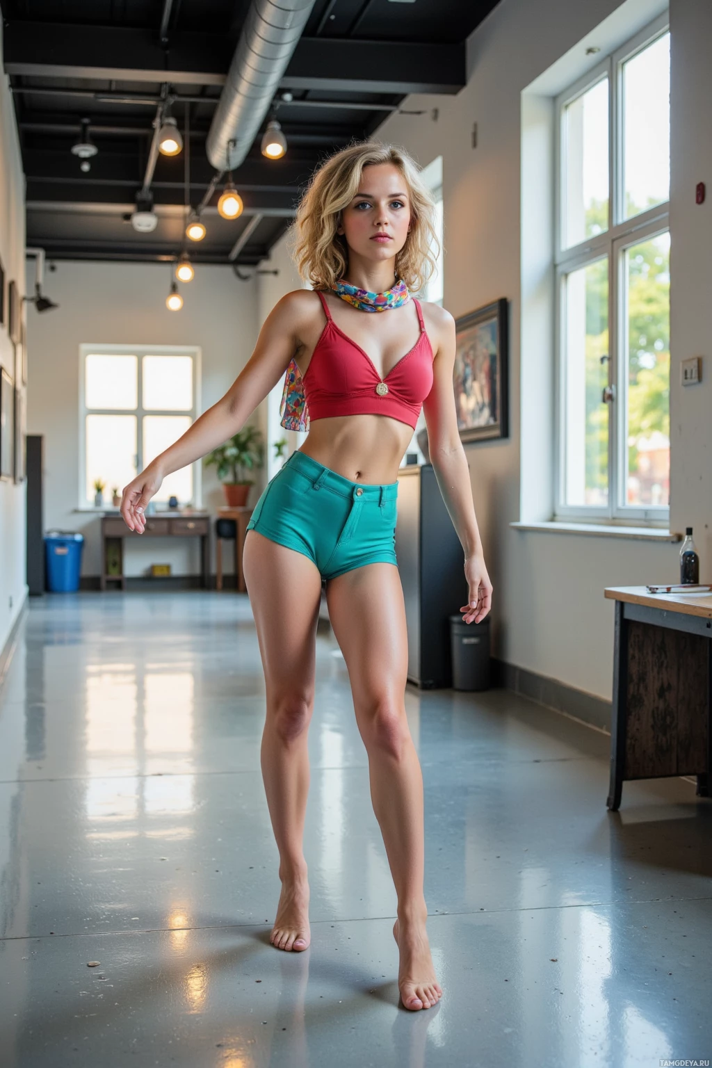 A woman stands in a modern indoor space wearing a red top and teal shorts.