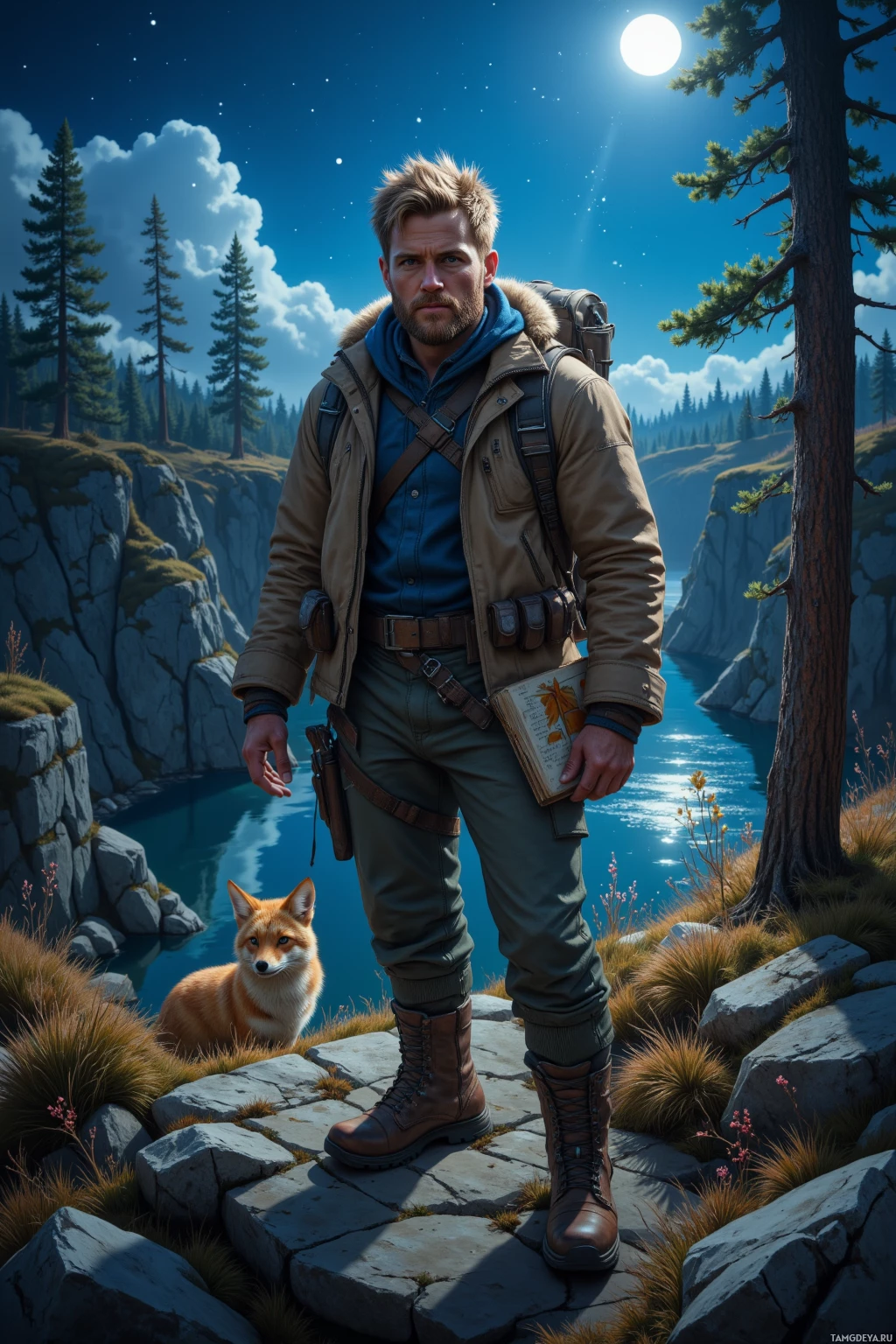 A man stands on a rocky path by a serene lake, holding a book, with a fox sitting nearby under a starry night sky.