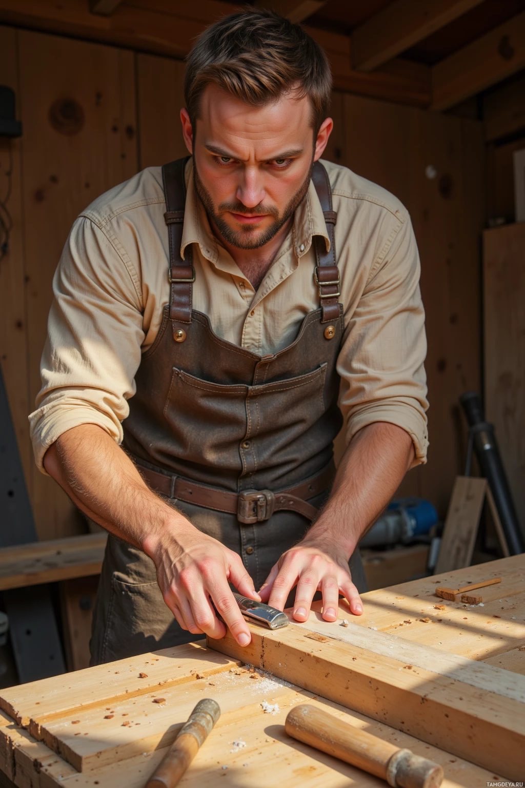 A man in a workshop wearing an apron is working on a piece of wood.