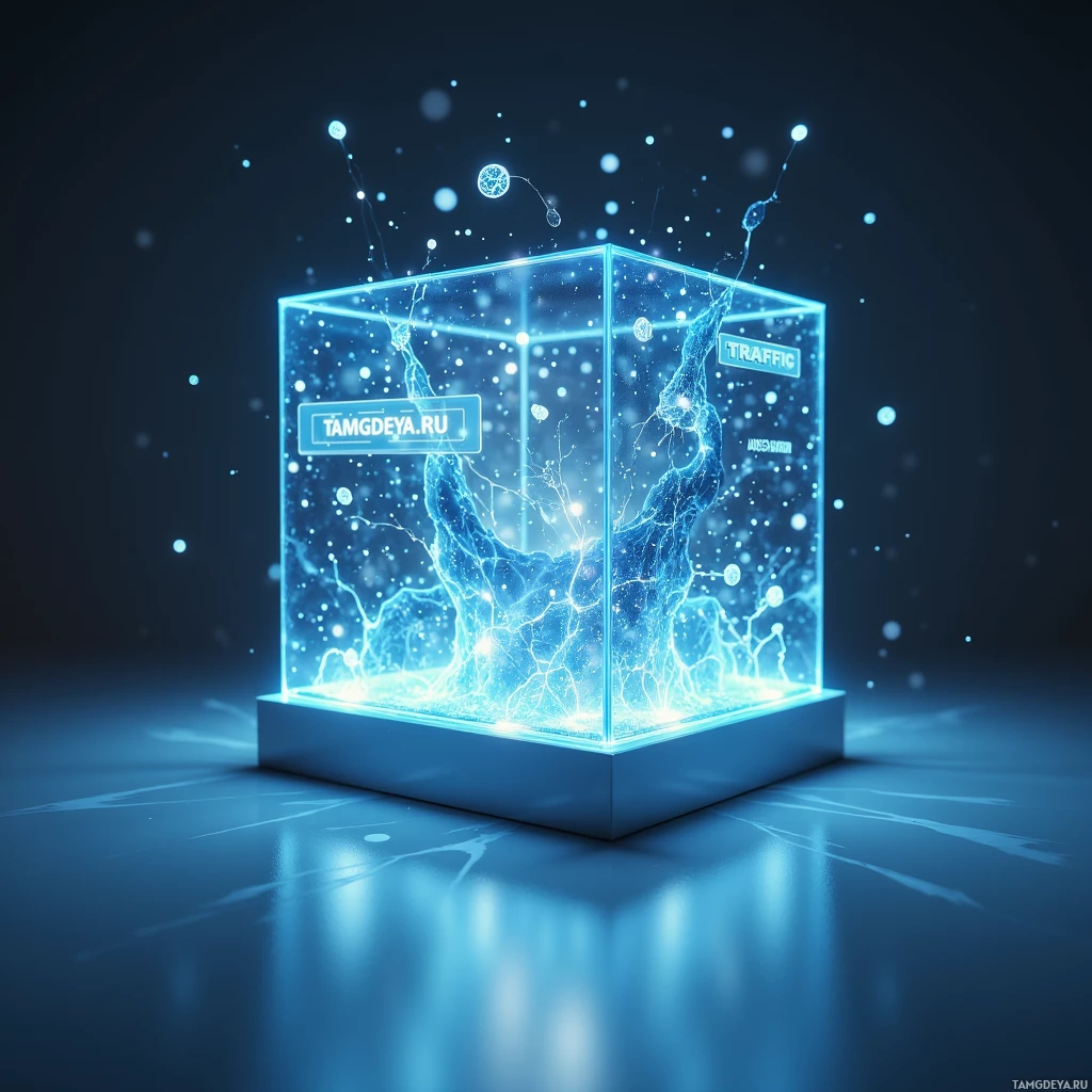 A glowing, transparent cube with intricate blue light patterns and text on its sides.