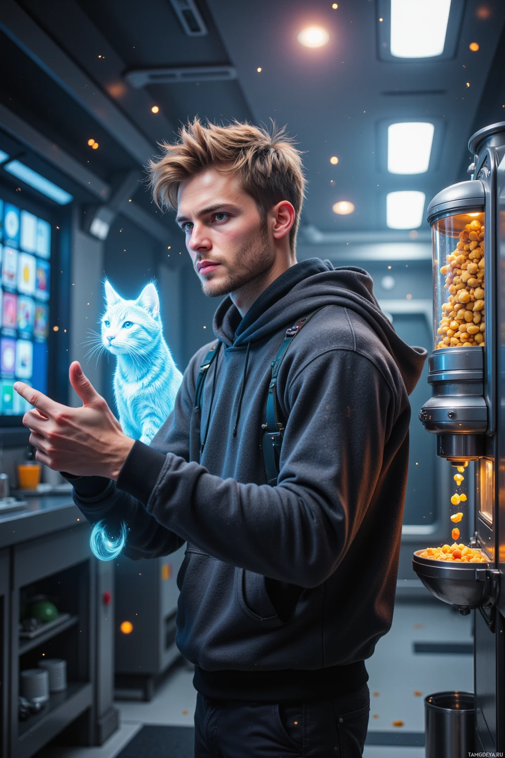 A person in a hoodie stands in a futuristic setting with a glowing cat and a snack dispenser.