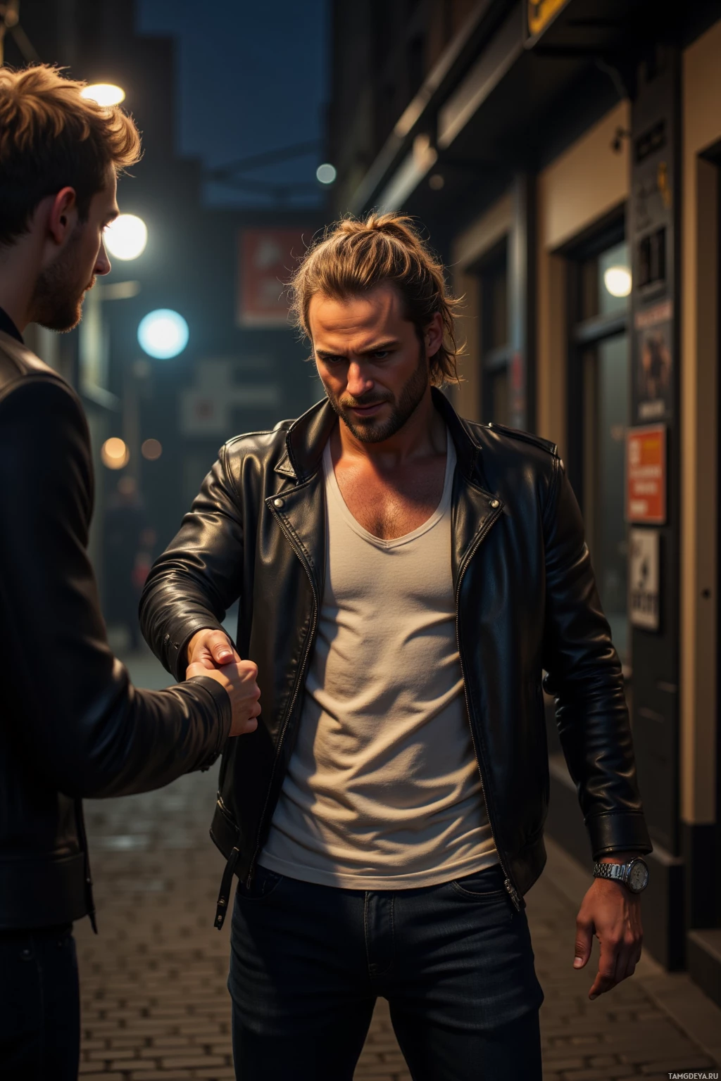 Two men in a dimly lit alleyway shake hands.