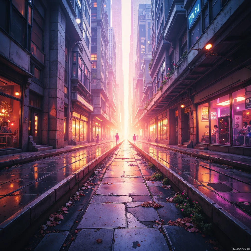 A vibrant city street scene with tall buildings, illuminated windows, and a warm, glowing atmosphere.