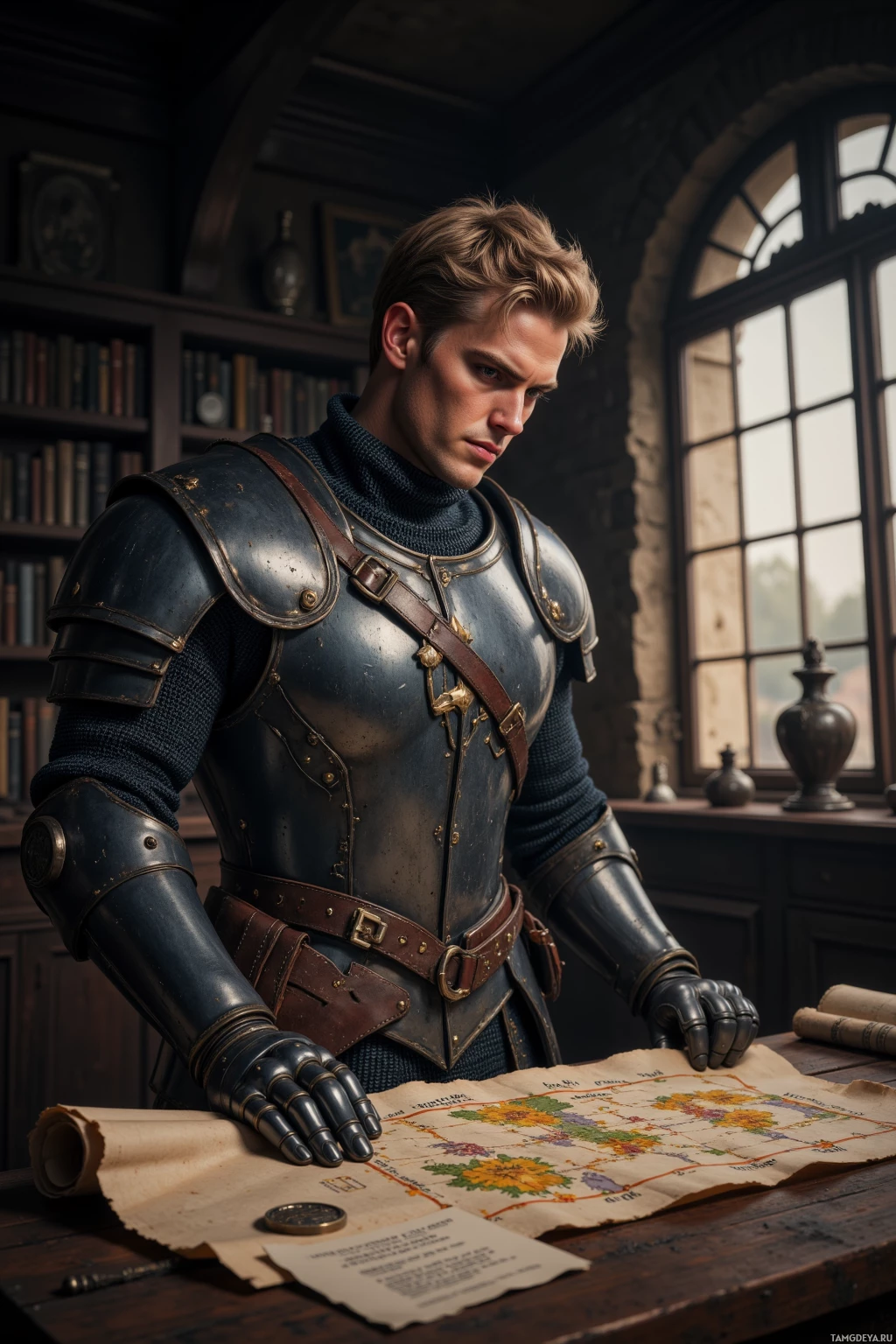 A knight in armor stands beside a table with a map and scrolls, in a room with bookshelves and a window.