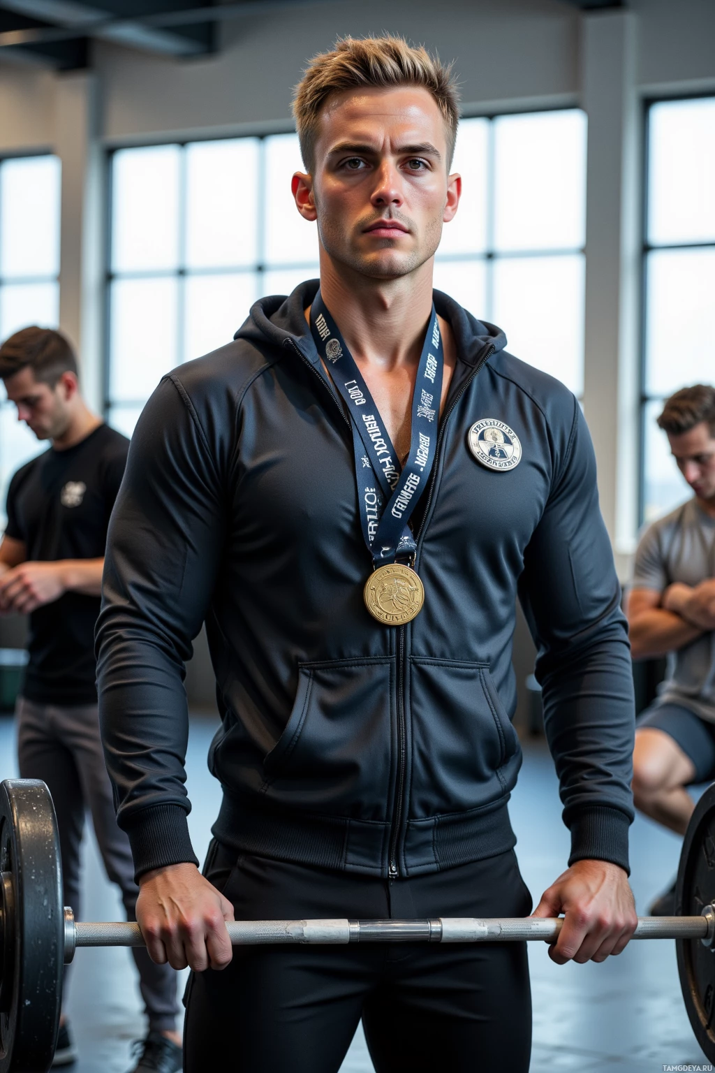 A man in a gym holds a barbell, wearing a dark athletic outfit and a medal around his neck.