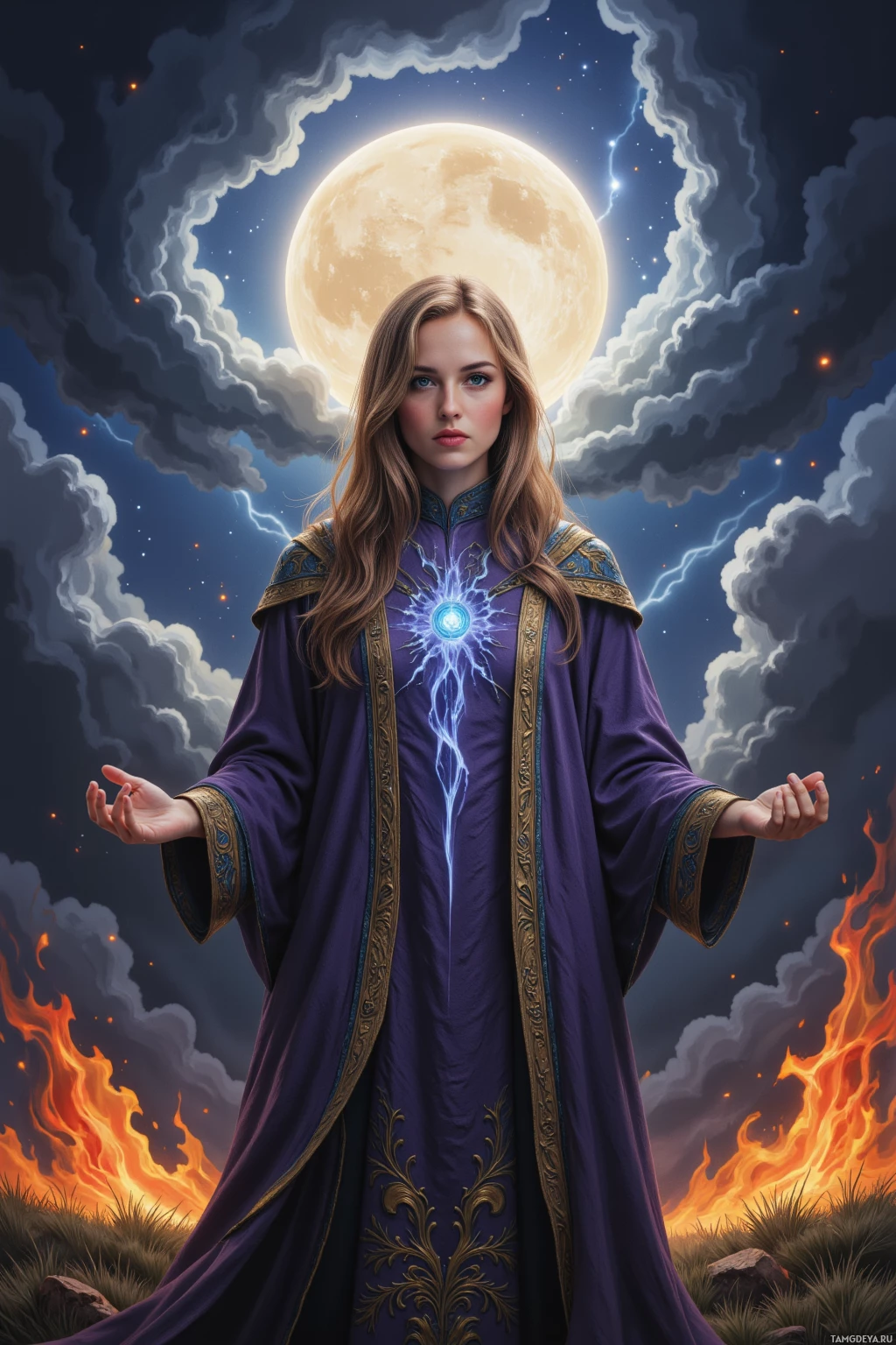 A woman in a purple robe stands under a full moon, surrounded by clouds and flames.