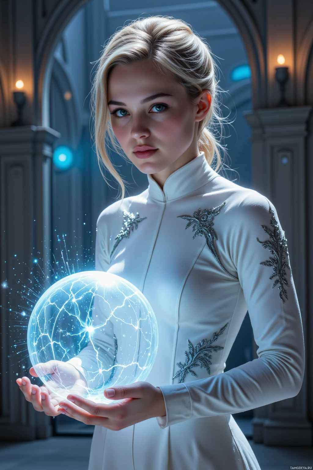 A woman in a white dress holds a glowing, magical sphere in her hands.