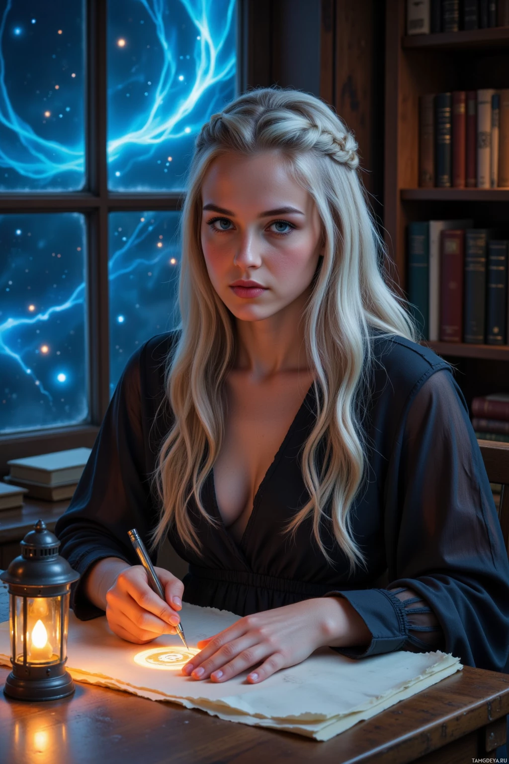 A woman with long blonde hair sits at a desk, writing with a quill pen under the glow of a lantern.