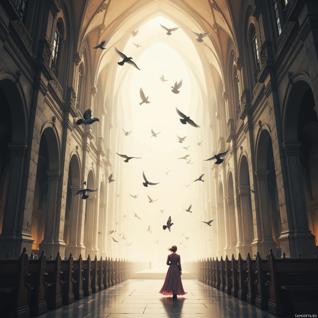 A woman in a red dress walks down a grand, sunlit cathedral aisle as pigeons fly overhead.