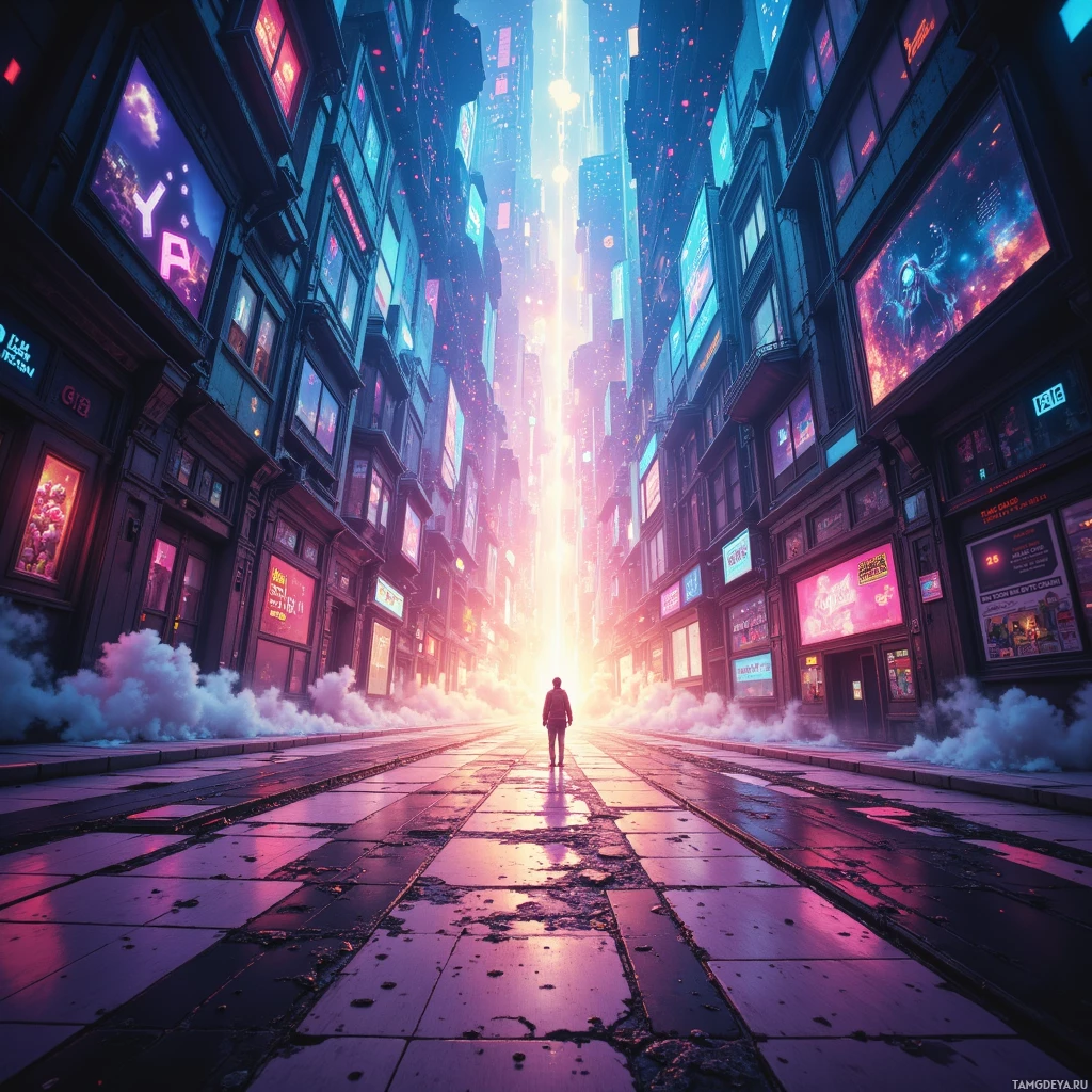 A futuristic cityscape with towering skyscrapers, glowing neon signs, and a person walking towards a bright light at the end of a street.