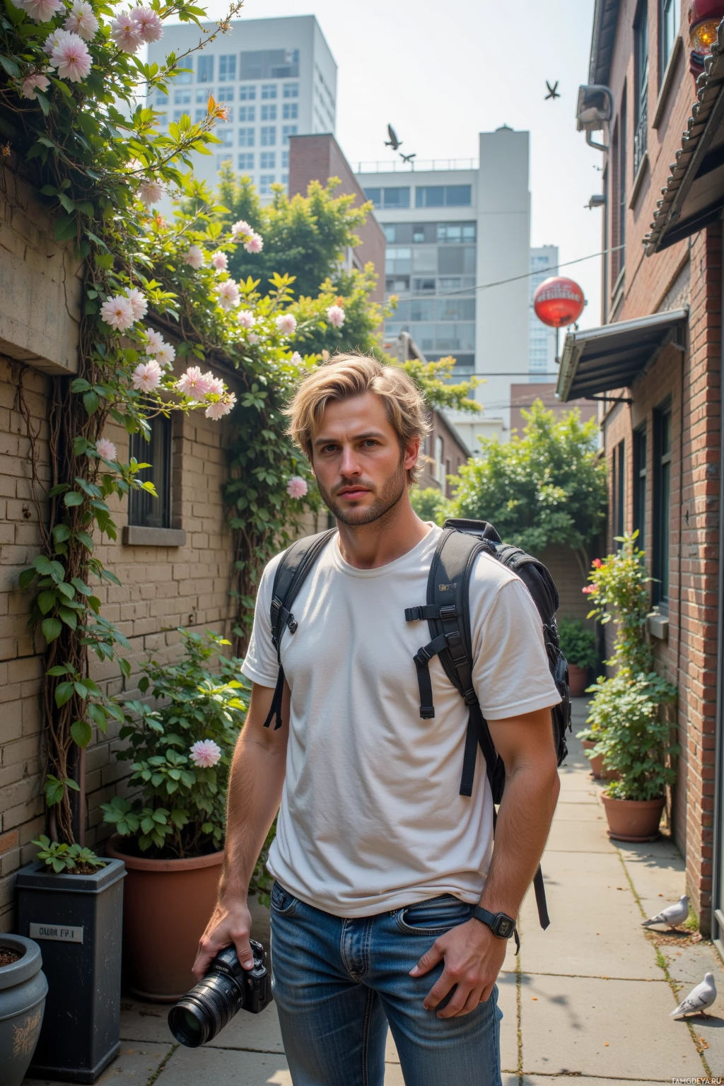 A man stands in an alleyway, holding a camera and wearing a backpack.