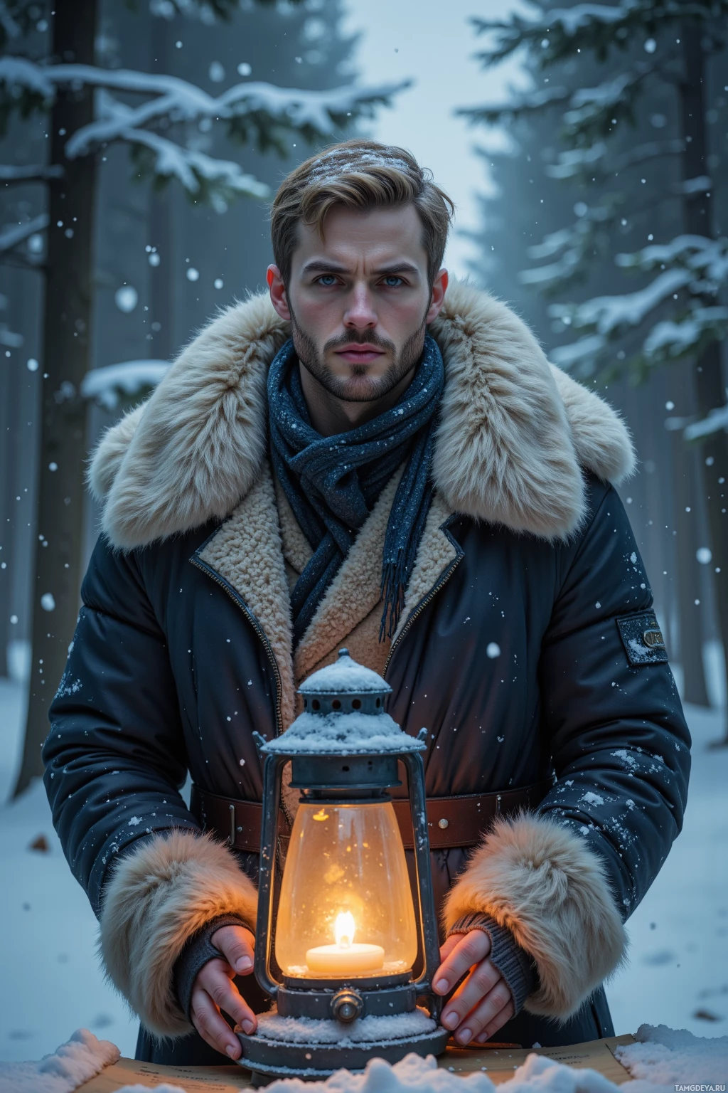 A person in a winter coat holds a lantern in a snowy forest.
