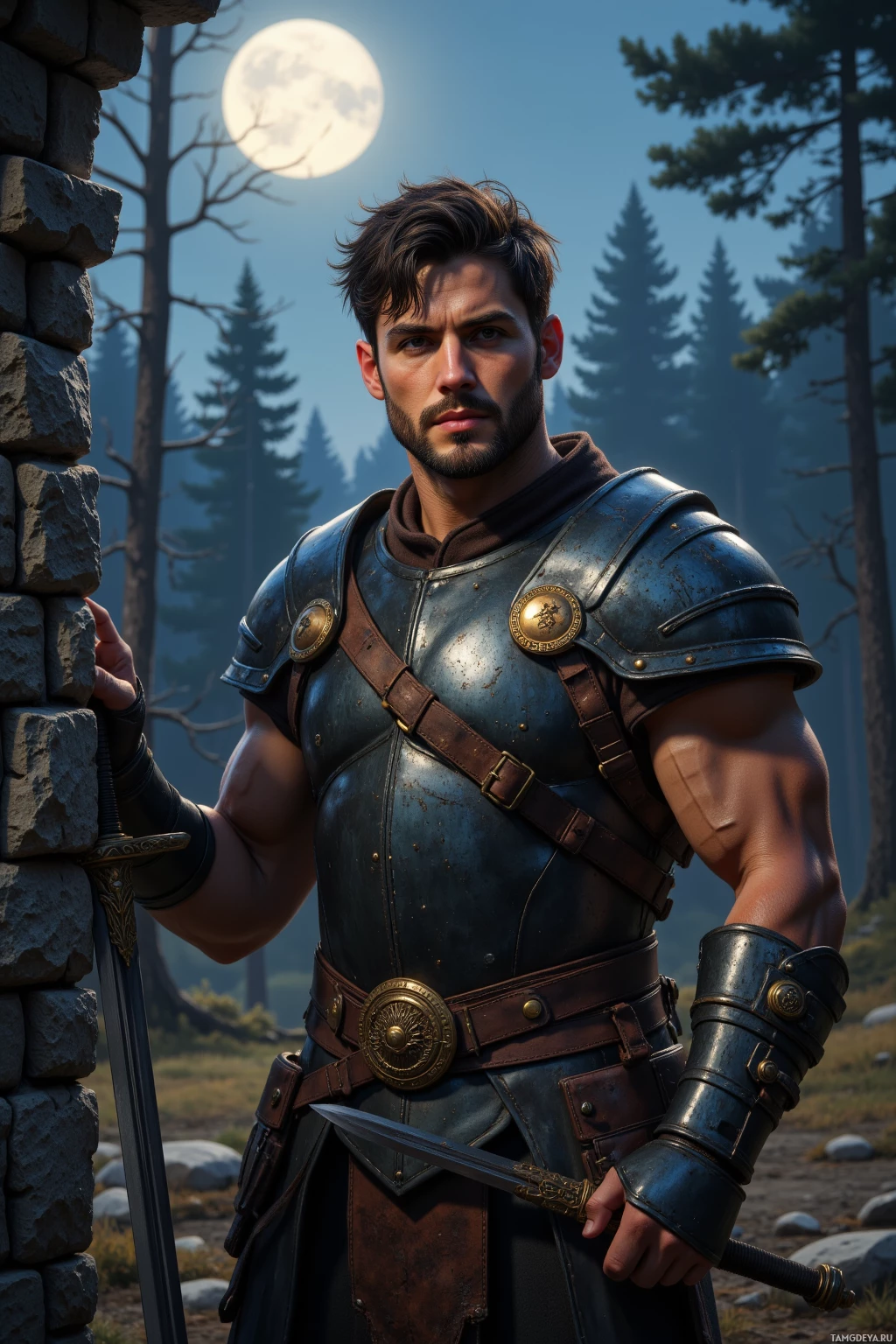 A muscular man in dark blue armor stands beside a stone wall, holding a sword, with a full moon and forest in the background.