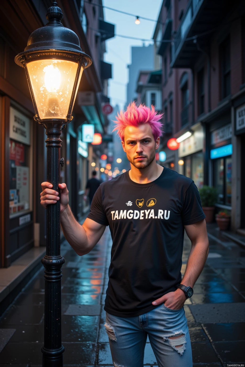 A person with pink hair stands in a street holding a lamp post, wearing a black t-shirt with text and ripped jeans.