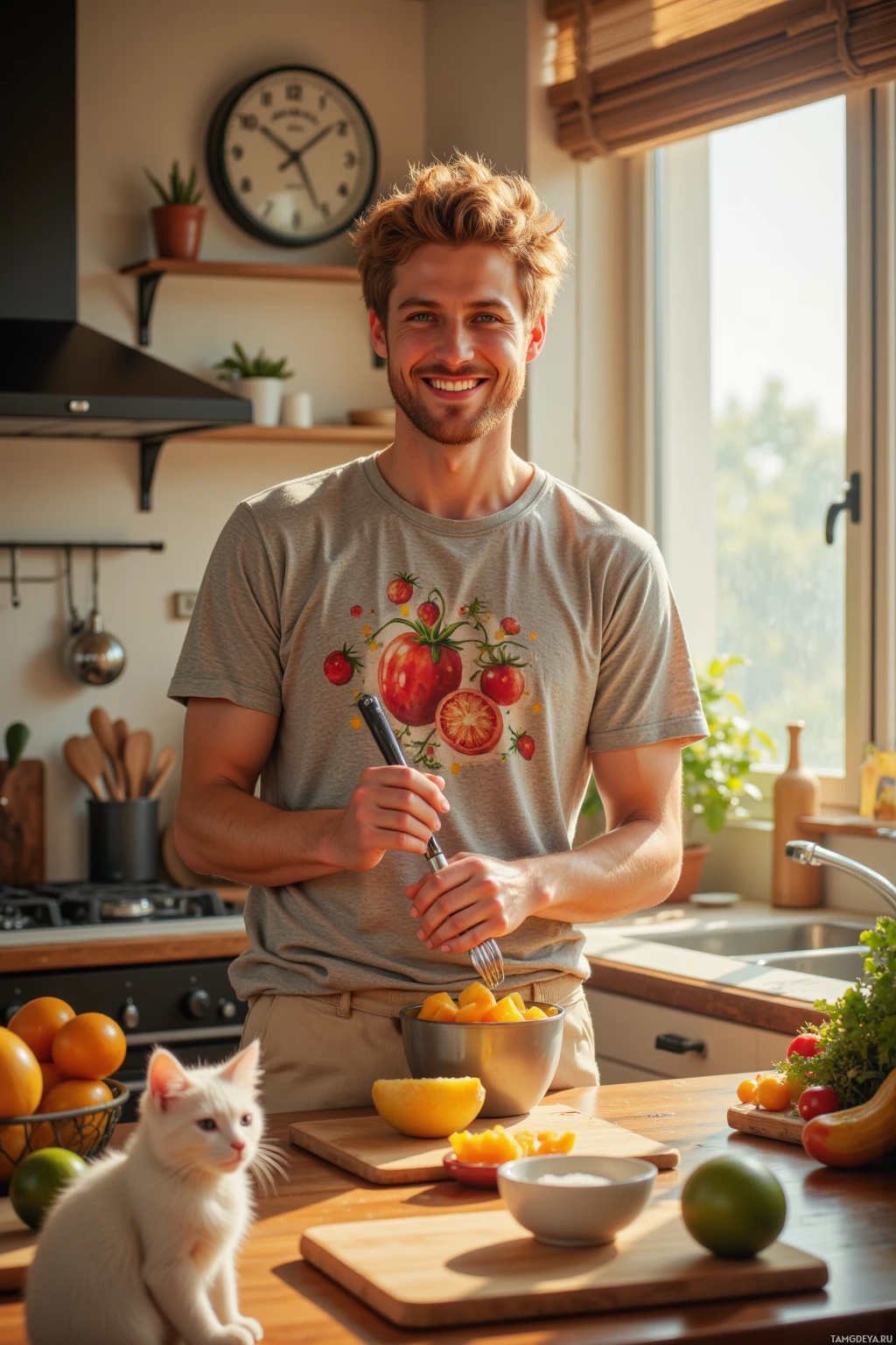 A man in a kitchen smiles while holding a fork, with a cat and various fruits and vegetables on the counter.