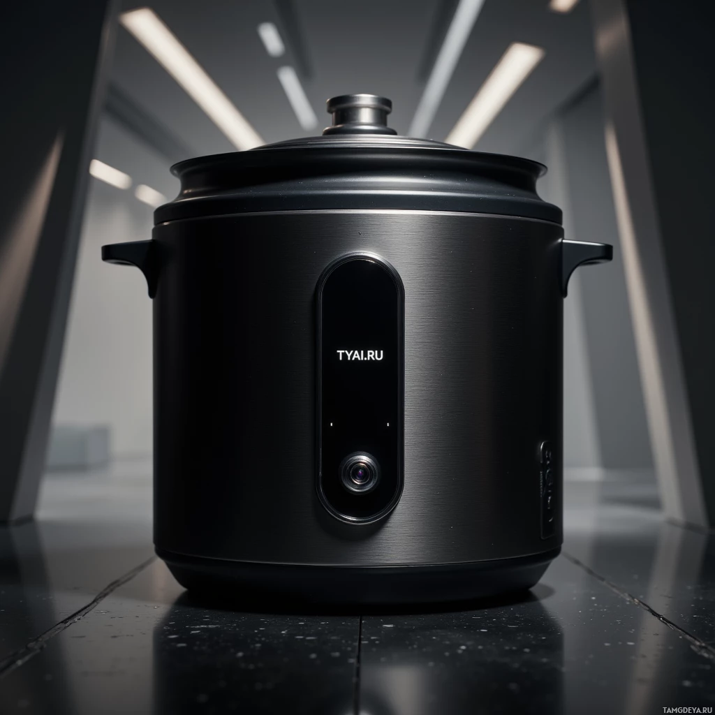 A sleek, modern black pot with a digital display and handle is shown in a minimalist setting.