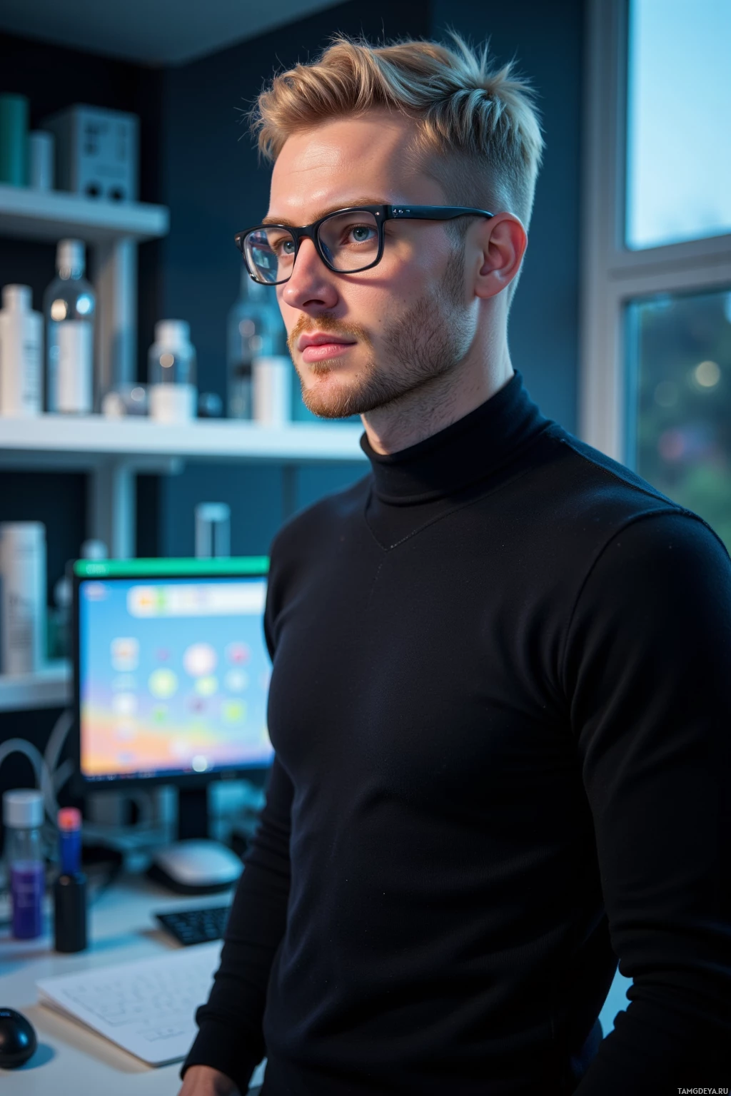 A man with short blonde hair and glasses stands in front of a computer in a modern workspace.