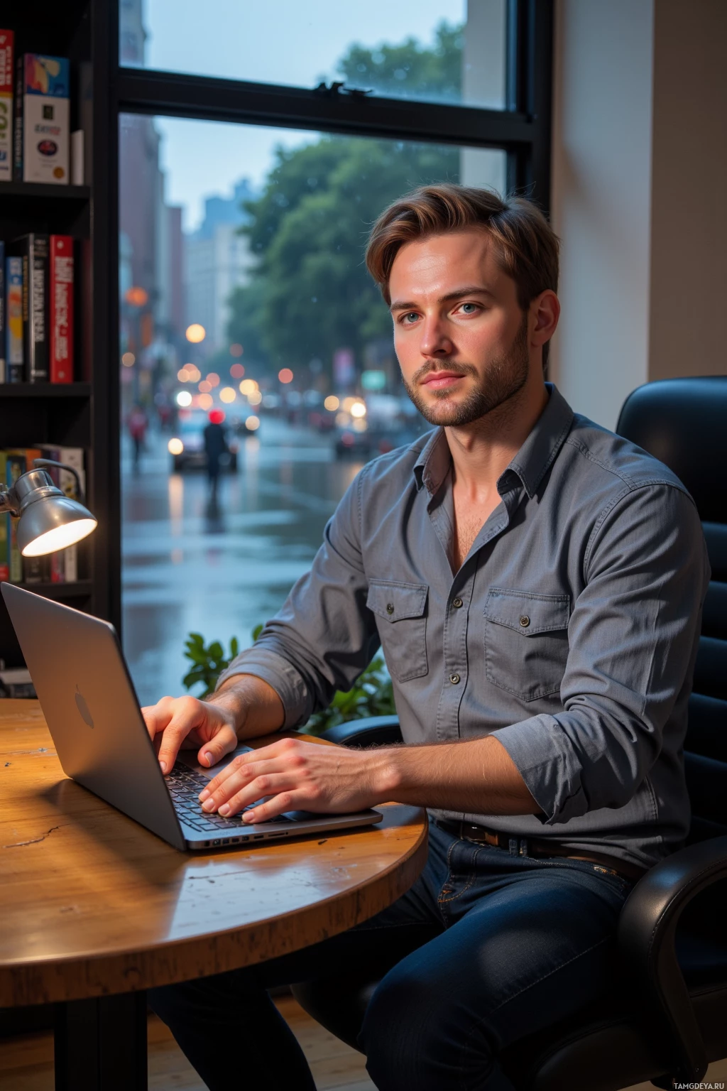 A man sits at a desk, working on a laptop in a room with a window overlooking a city street.