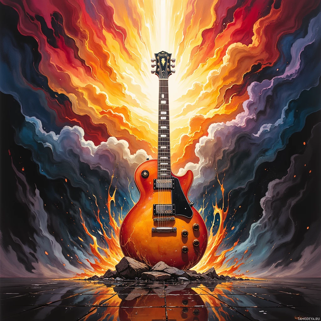 Semi-abstract image with many empty light space at center of beautiful background, that is suitable for the post:  My guitar screams a riot, wiring the streets with fire‑pulses that break every silent law.