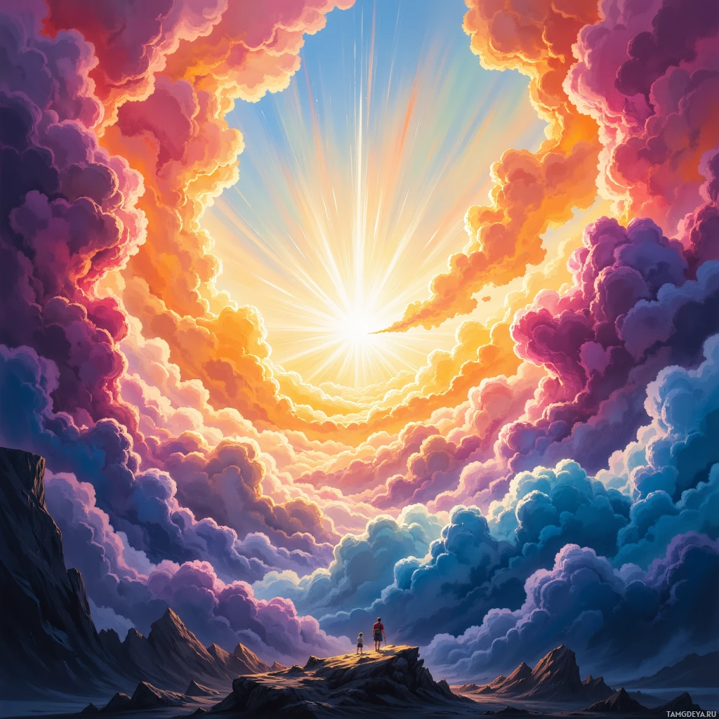 A vibrant, surreal landscape featuring a radiant sunburst through colorful clouds and two figures on a rocky outcrop.