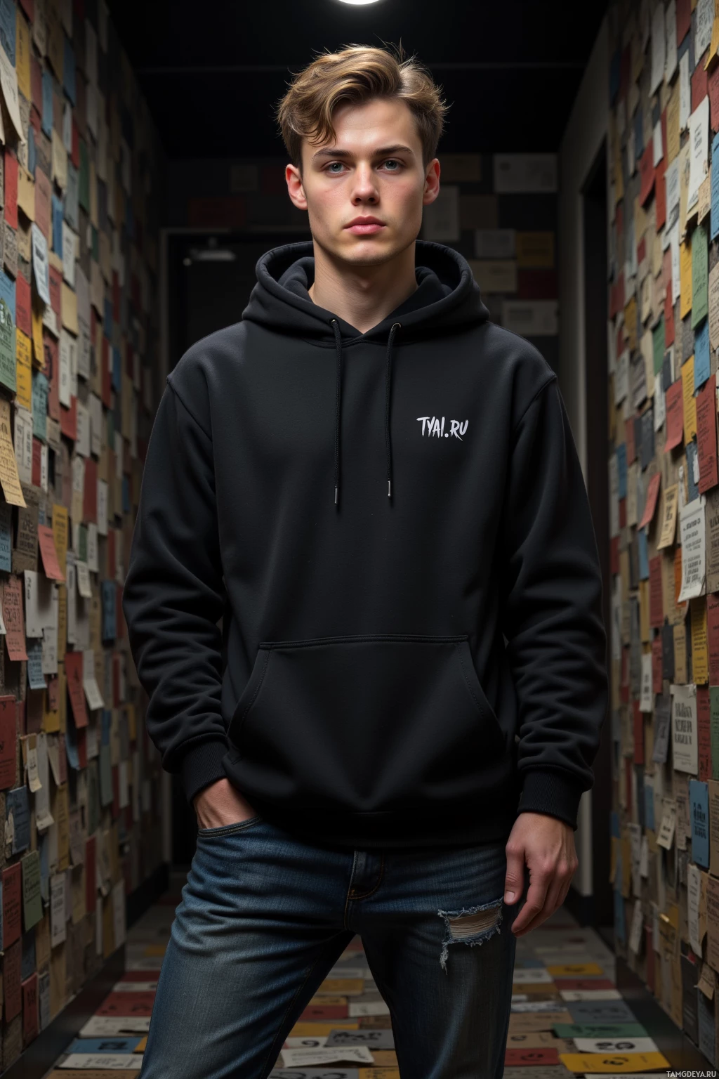 A person wearing a black hoodie and jeans stands in a hallway with colorful papers on the walls.