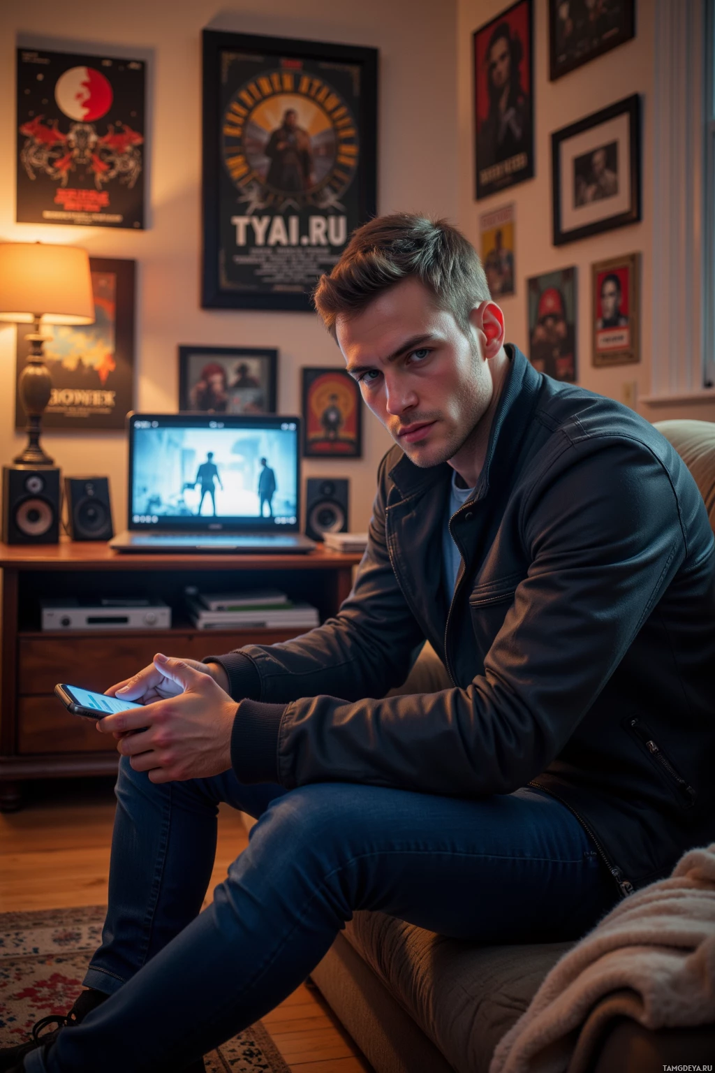 A man sits on a couch in a cozy room, holding a phone and looking at the camera.