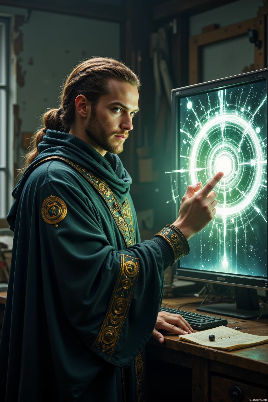A man in a dark robe stands in front of a computer monitor displaying a glowing, futuristic interface.