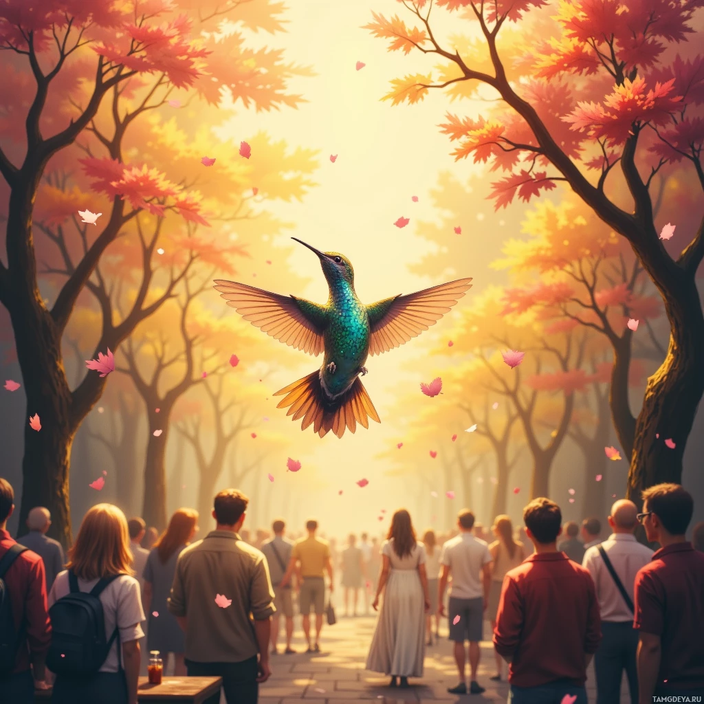 A group of people walks through a park with autumn leaves and a hummingbird in flight.