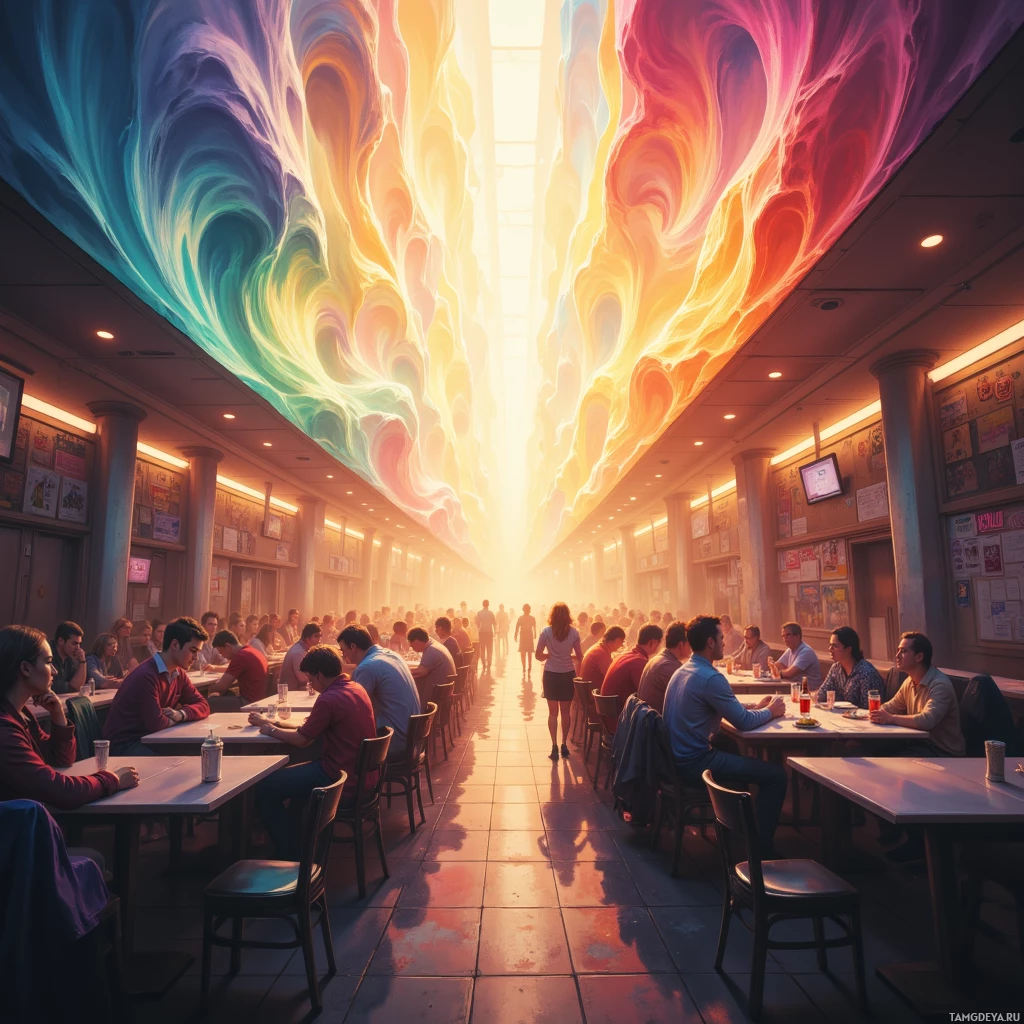A vibrant, surreal interior with colorful, flowing ceiling designs and people seated at tables.