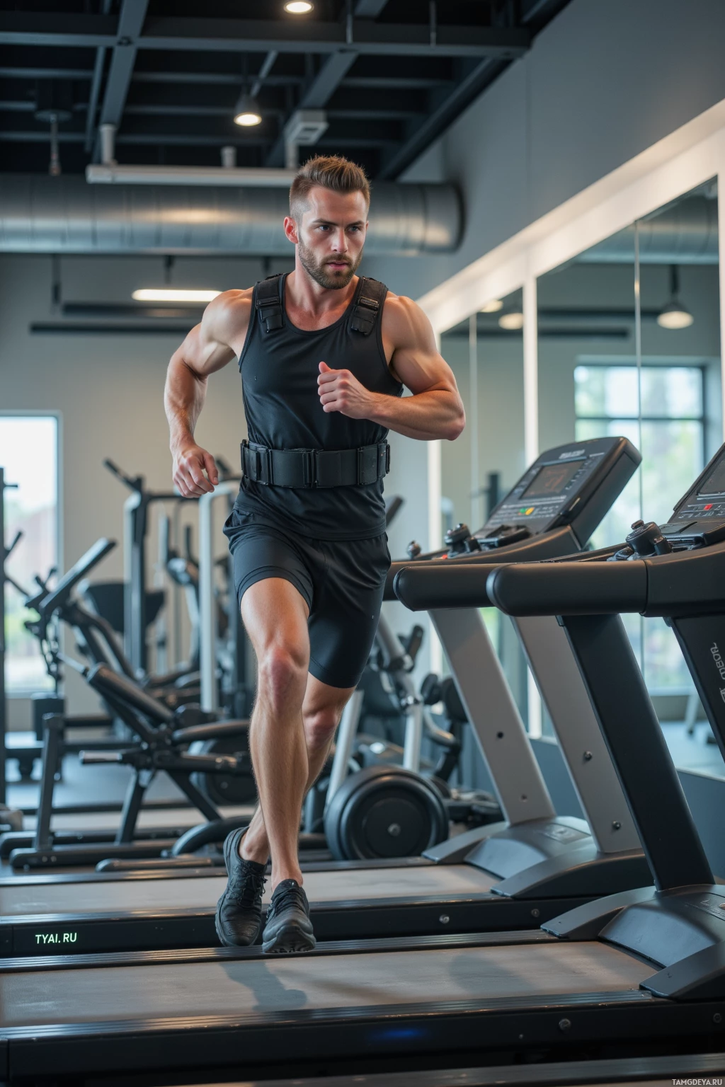 A man is running on a treadmill in a gym.