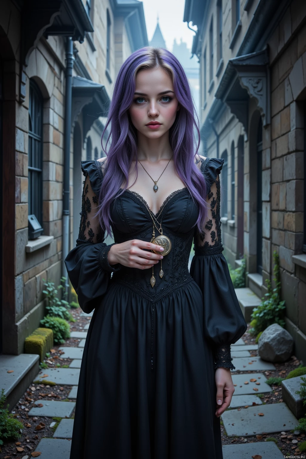 A woman in a black dress with purple hair stands in an alleyway.