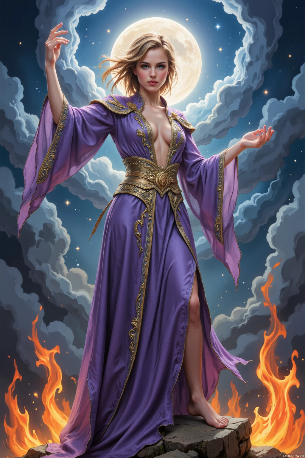 A woman in a flowing purple robe stands on a stone platform with a full moon and flames in the background.