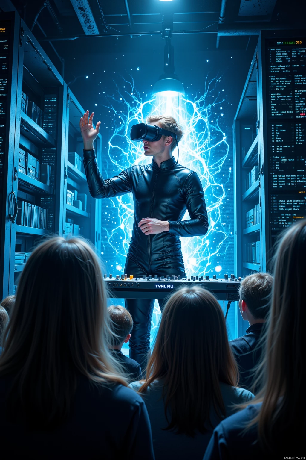 A person wearing a VR headset stands in a room with glowing blue energy and a group of people watching.