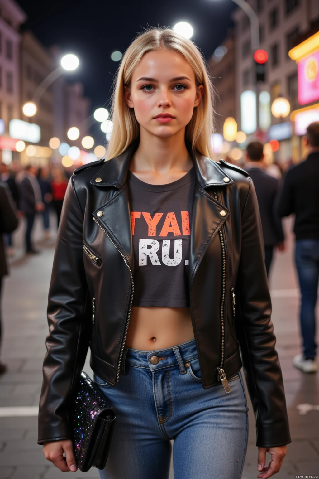 A person wearing a black leather jacket and a graphic t-shirt stands on a city street at night.