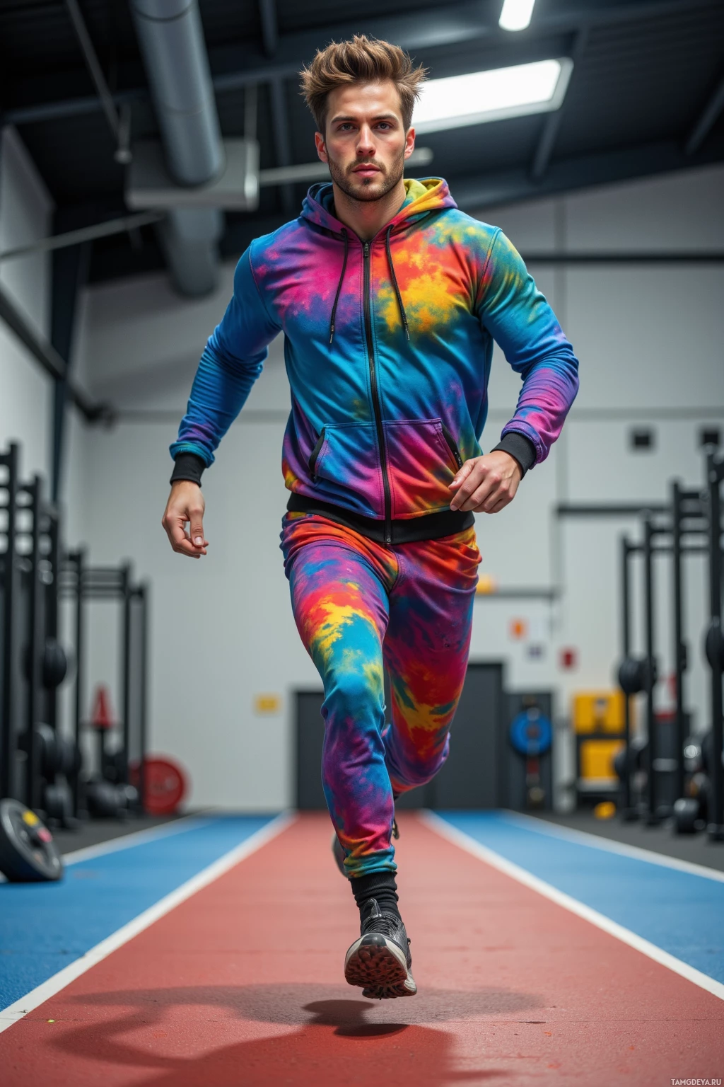 A man in a colorful tie-dye hoodie and matching pants is running on a track in a gym.