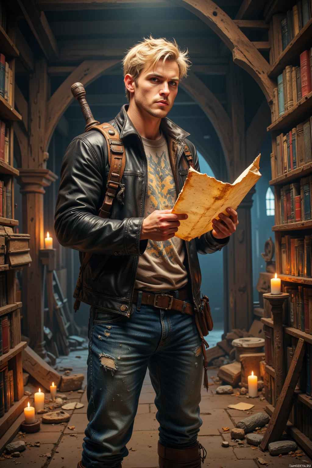 A man in a leather jacket and jeans stands in a dimly lit library, holding a piece of parchment.