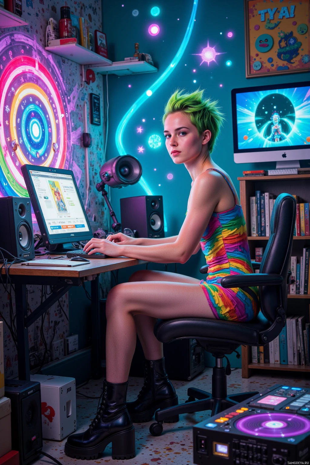 A person with green hair sits at a desk in a vibrant, colorful room, working on a computer.