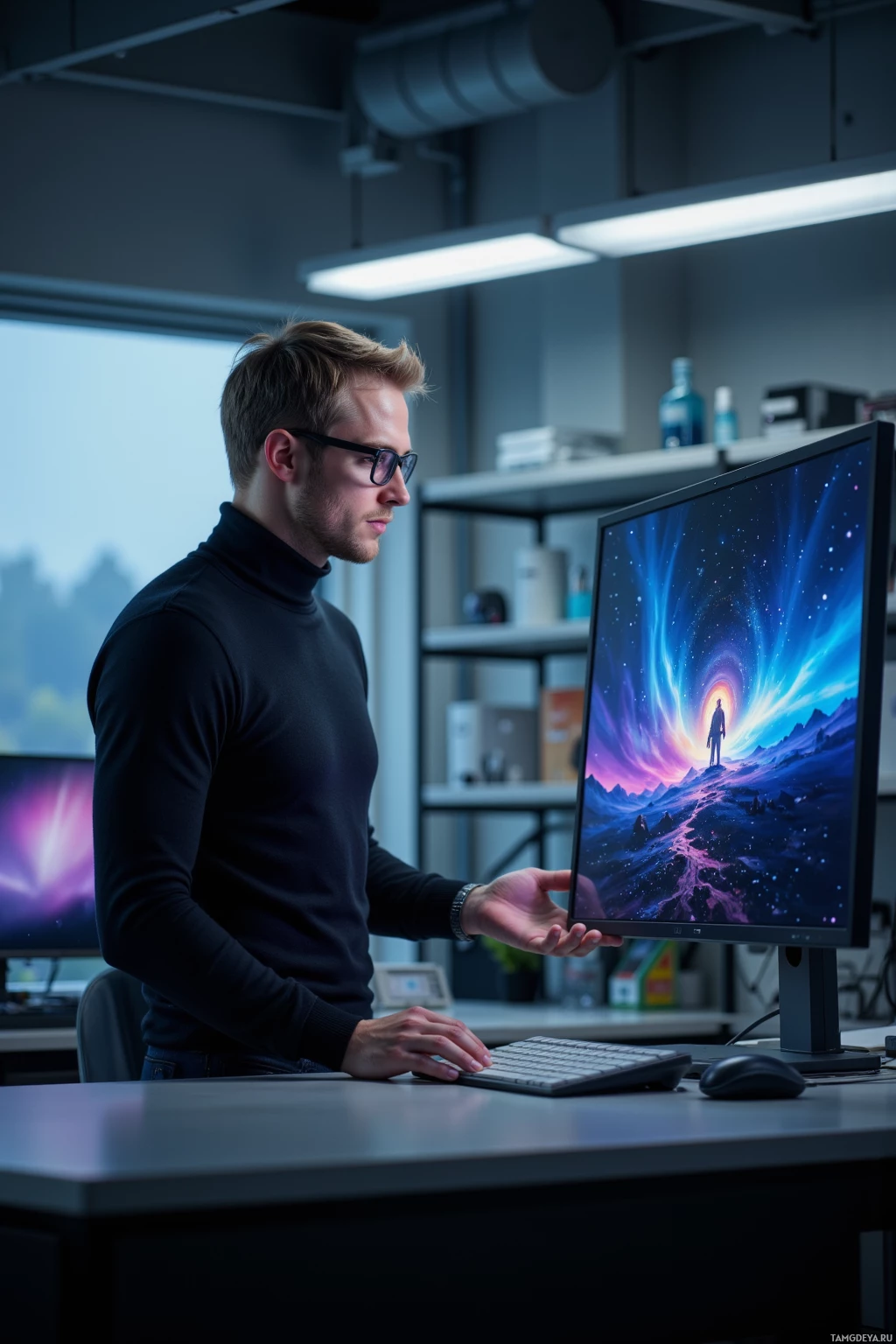 A man in a dark turtleneck shirt stands in front of a computer monitor displaying a vibrant, cosmic scene.