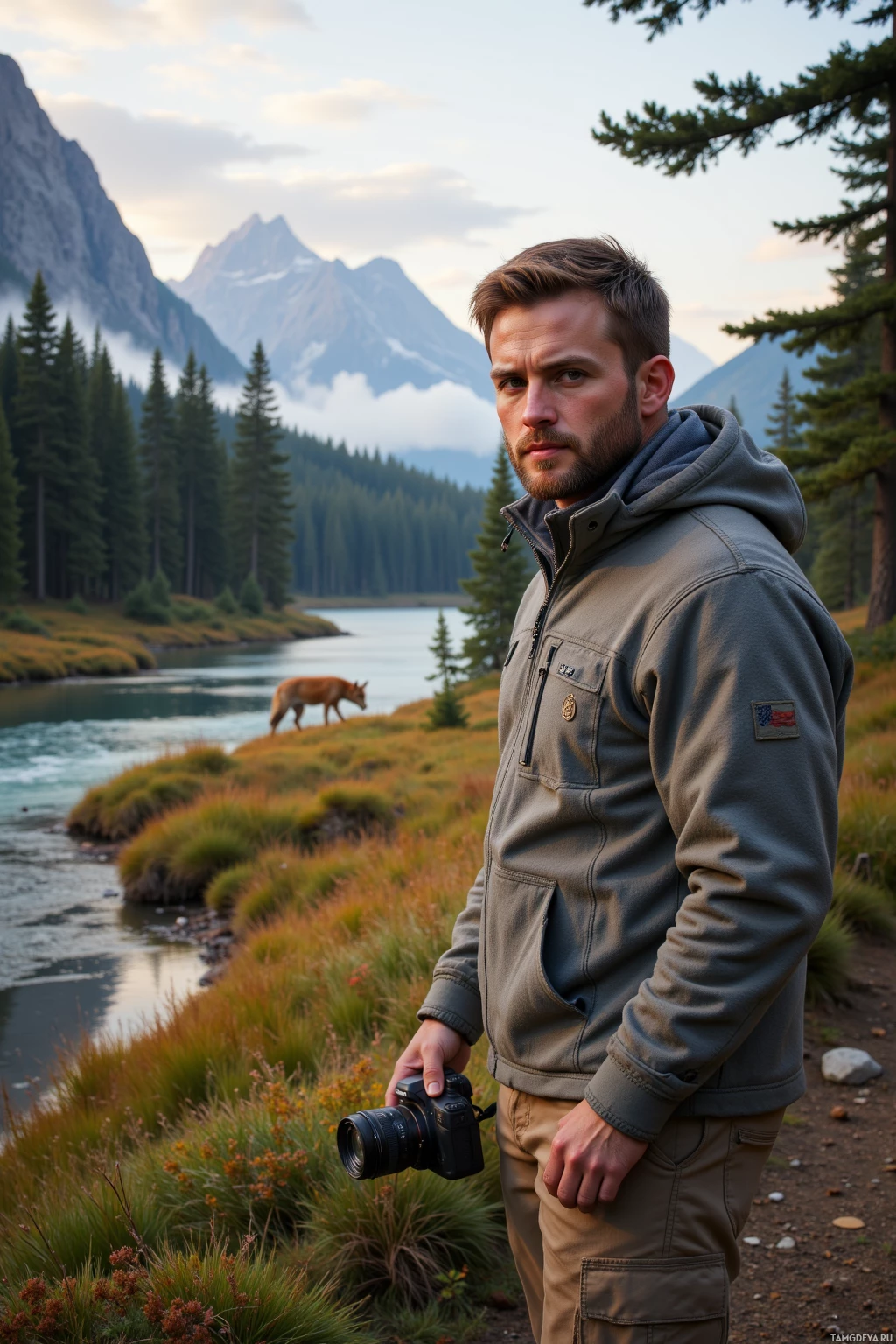 A man stands by a river with mountains and trees in the background, holding a camera.