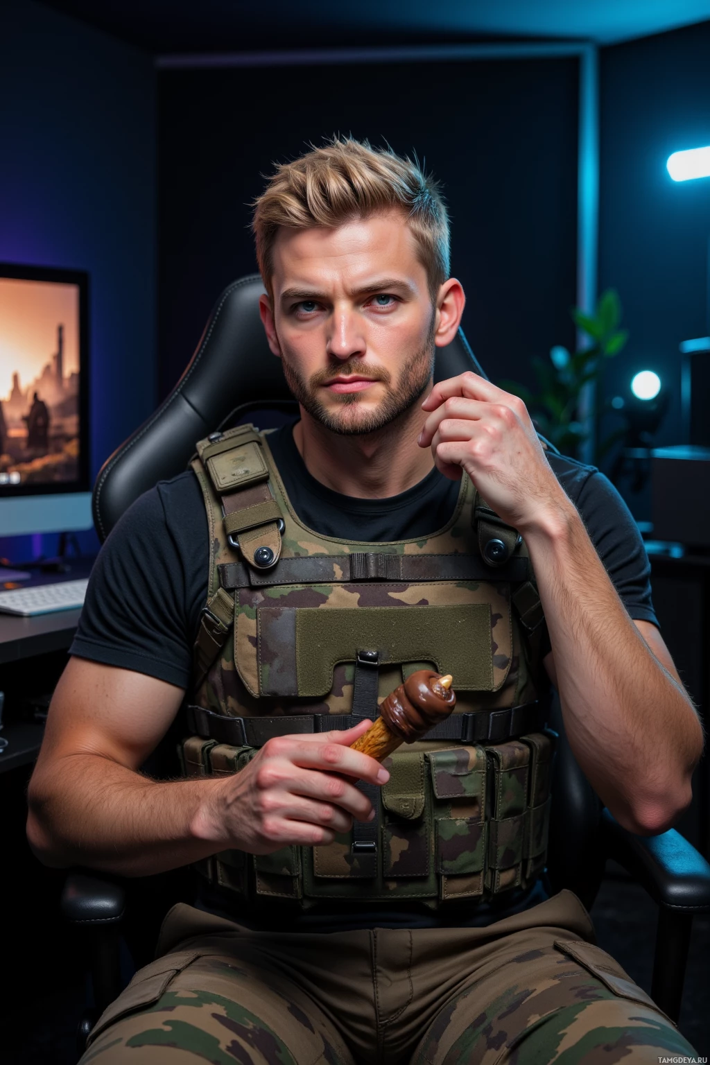 A man in a tactical vest sits in a chair, holding a chocolate bar.