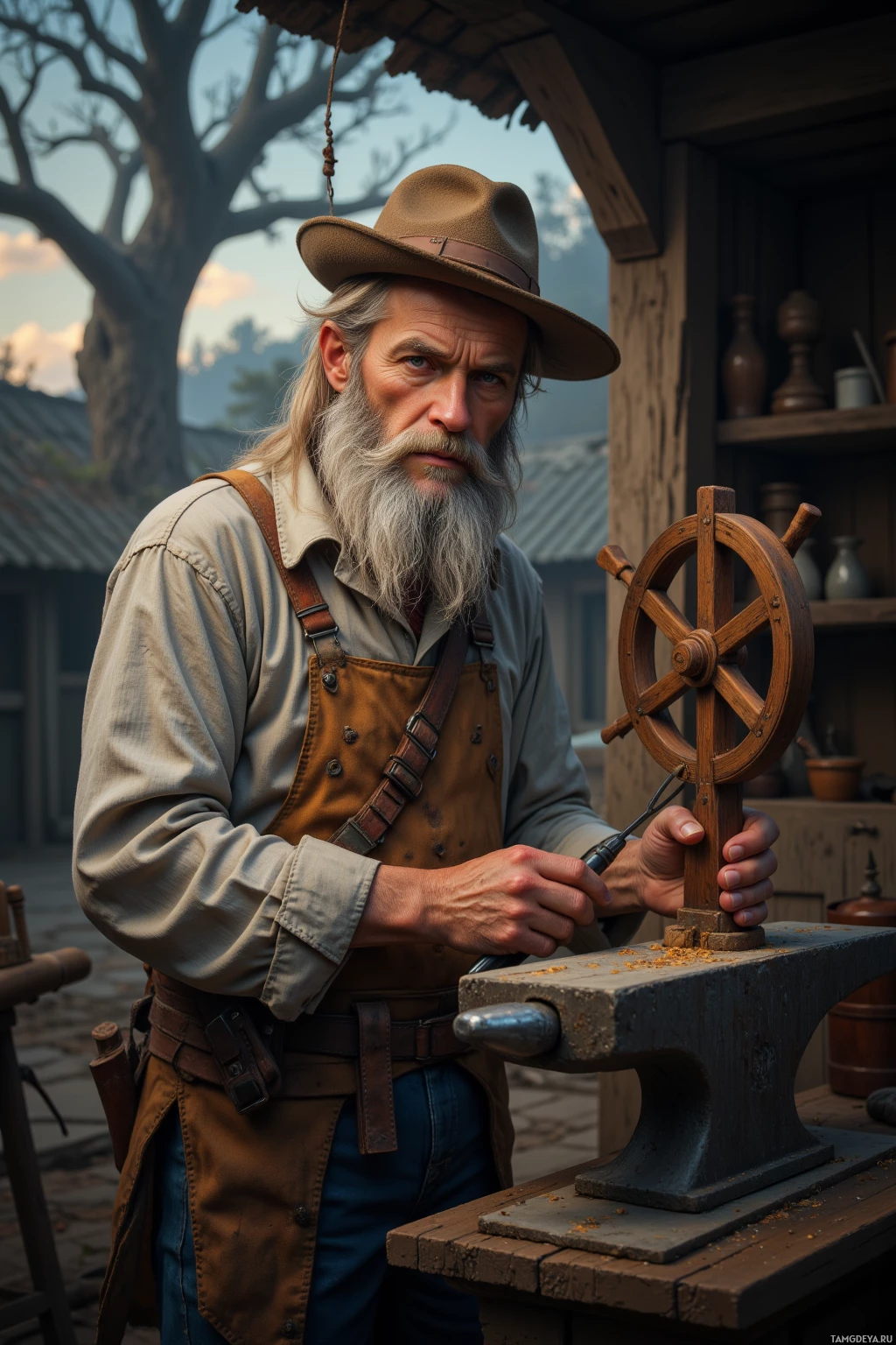 A man with a long beard and hat is working on a wooden wheel with a tool.