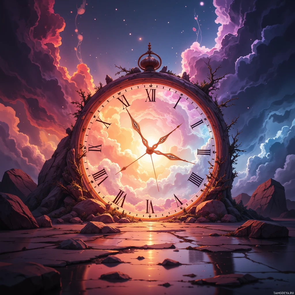 A surreal landscape featuring a giant clock with Roman numerals set against a vibrant sky with clouds and glowing particles.