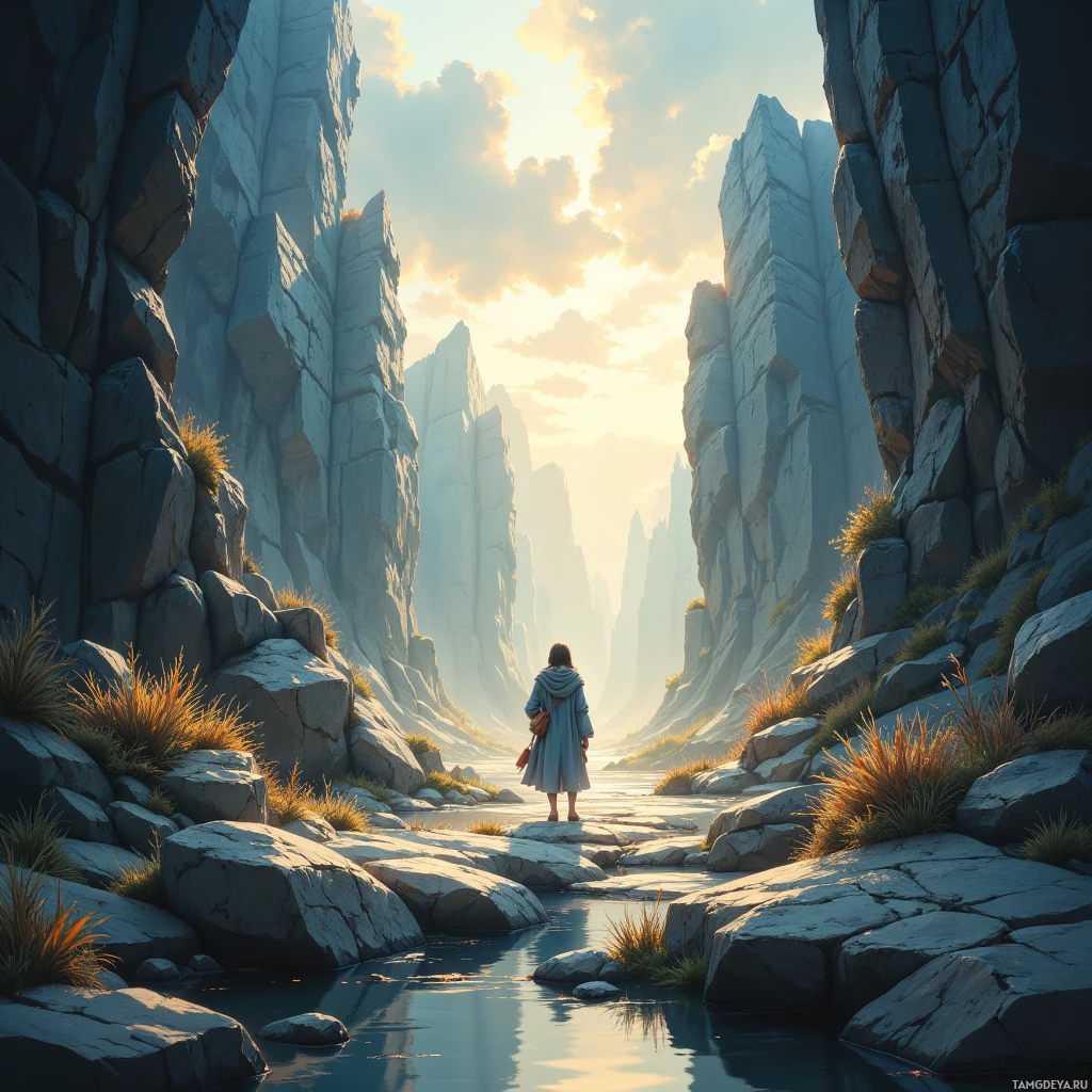 A lone figure stands at the edge of a serene, rocky canyon under a glowing sky.