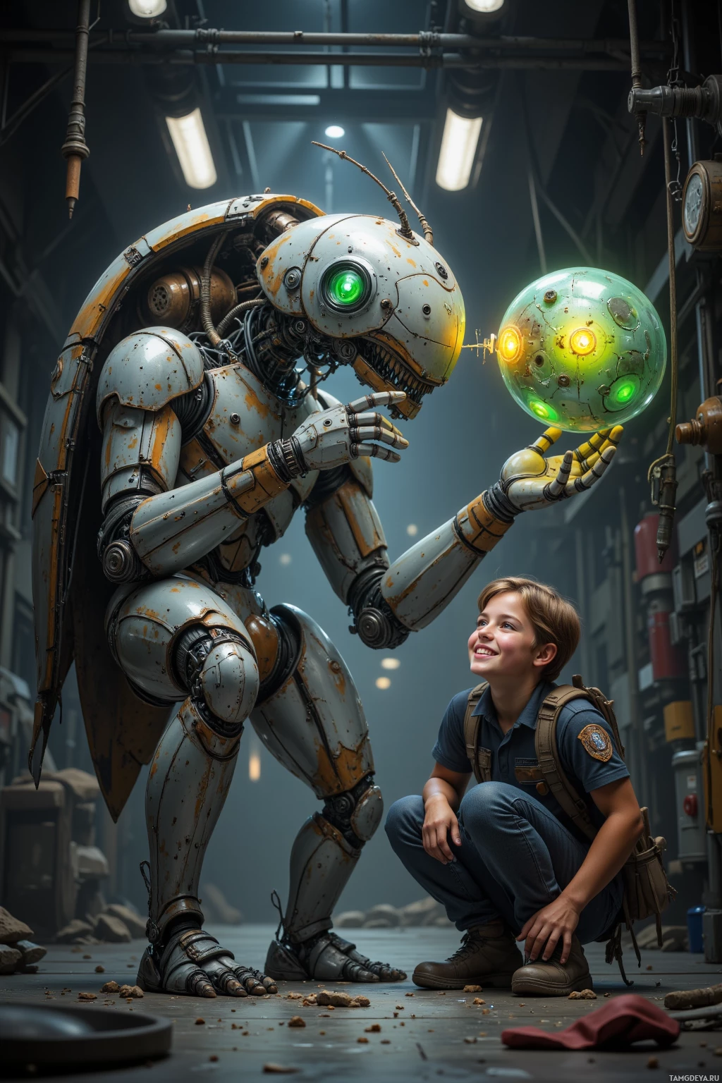 A young boy interacts with a large, mechanical robot in a dimly lit industrial setting.