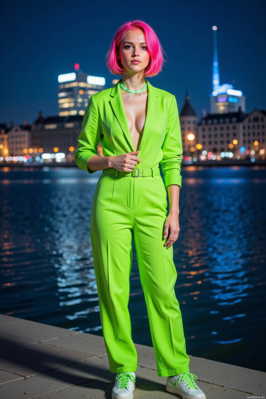 A person in a bright green suit stands by a waterfront at night.