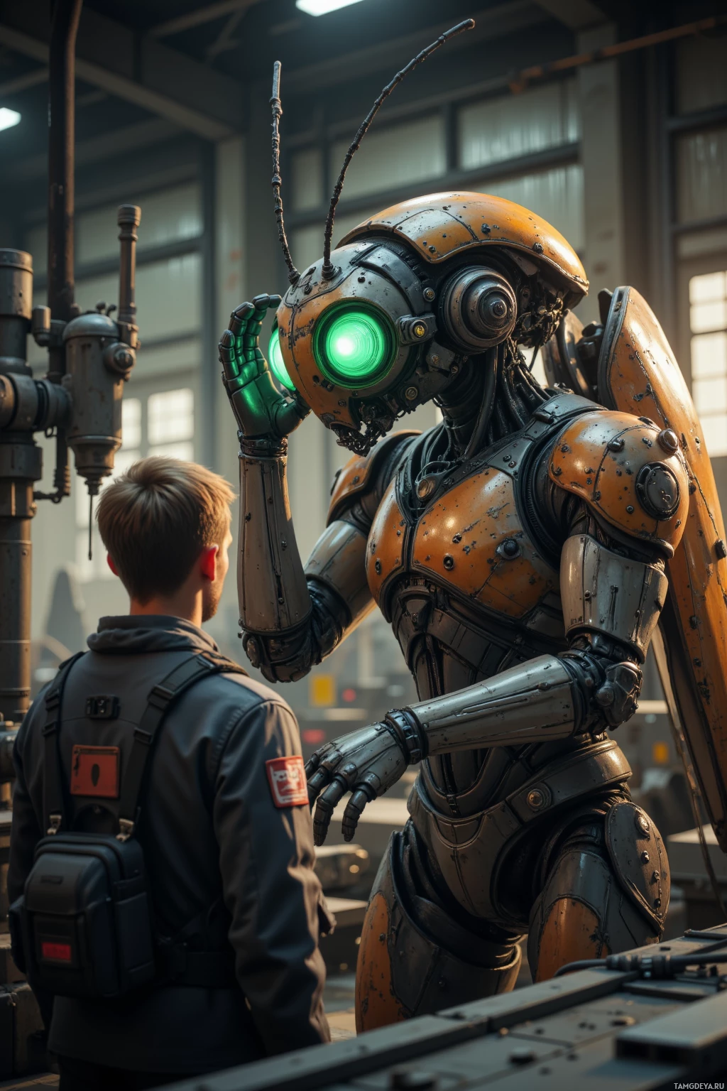 A humanoid robot with a glowing green eye interacts with a person in a dimly lit industrial setting.