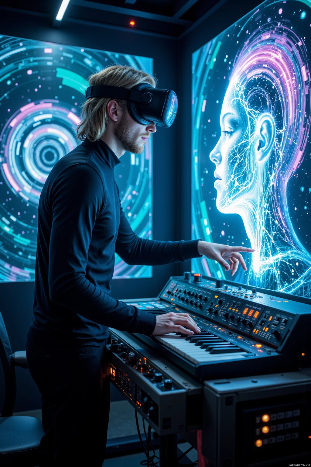 A person wearing a VR headset interacts with a futuristic interface while playing a synthesizer.