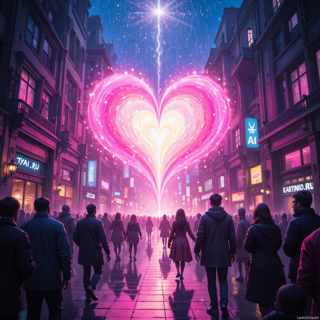 A vibrant city street scene with a glowing heart-shaped light in the sky.