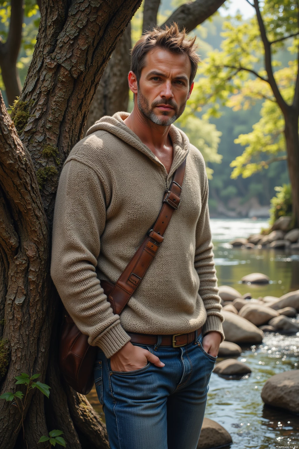 A man leans against a tree near a river, wearing a beige sweater and jeans.