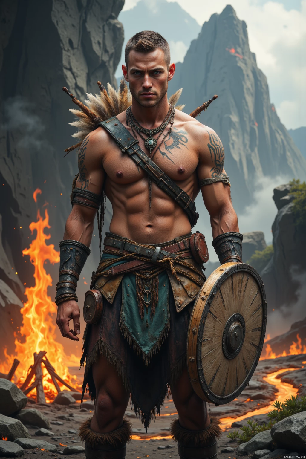 A muscular warrior stands in a rugged, fiery landscape, adorned with tribal attire and a shield.